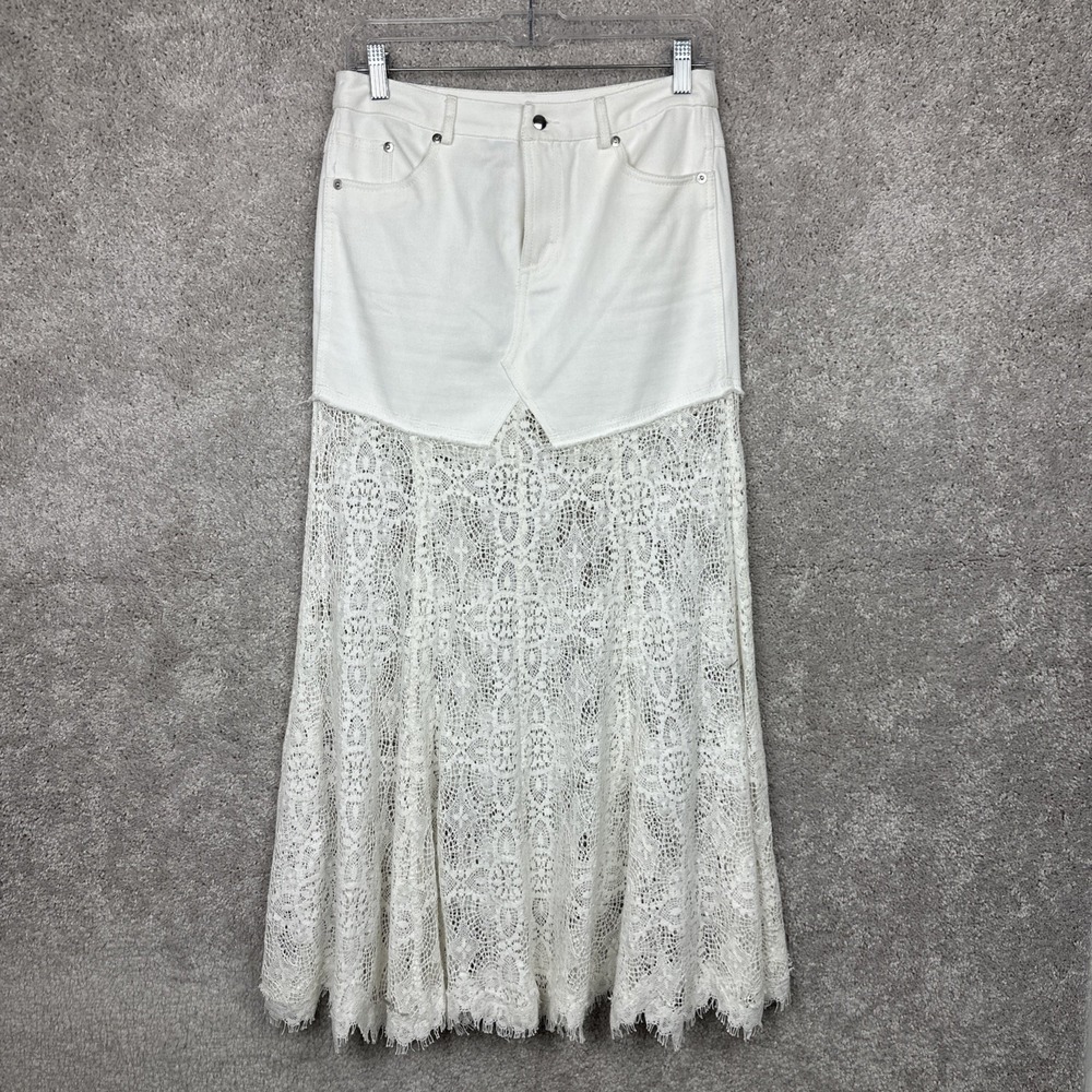 McQ Womens Lace Trim‎ Long Denim Skirt Off White Size 40